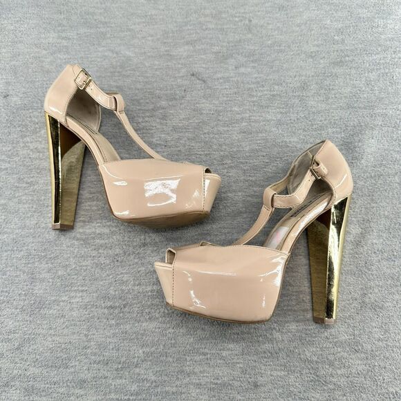 STEVE MADDEN - Dyvine Tan T-Strap Gold Platform Heel Size 7.5 B7 - Picture 7 of 8